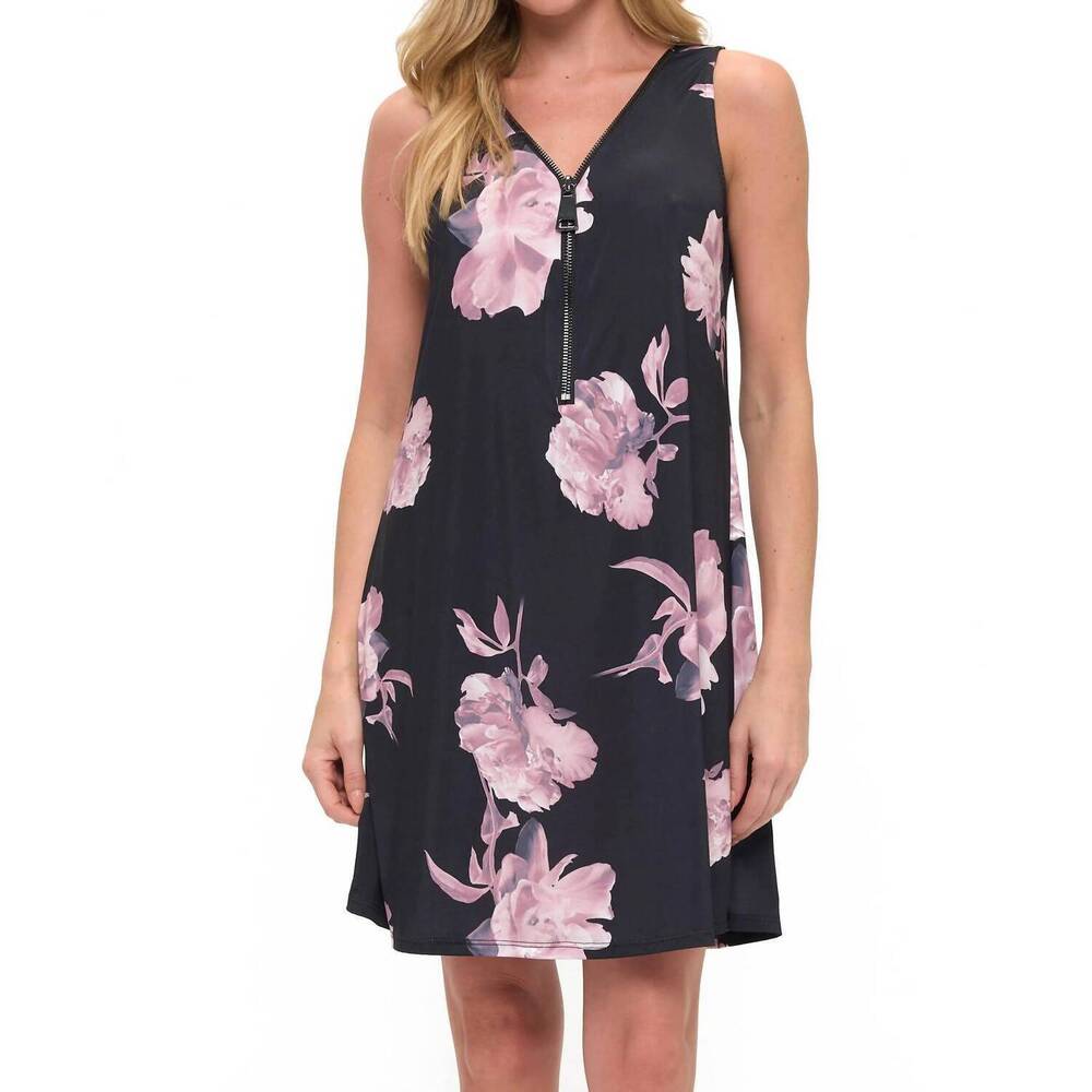 NEW ARIELLA sleeve flower zipper dress in navy